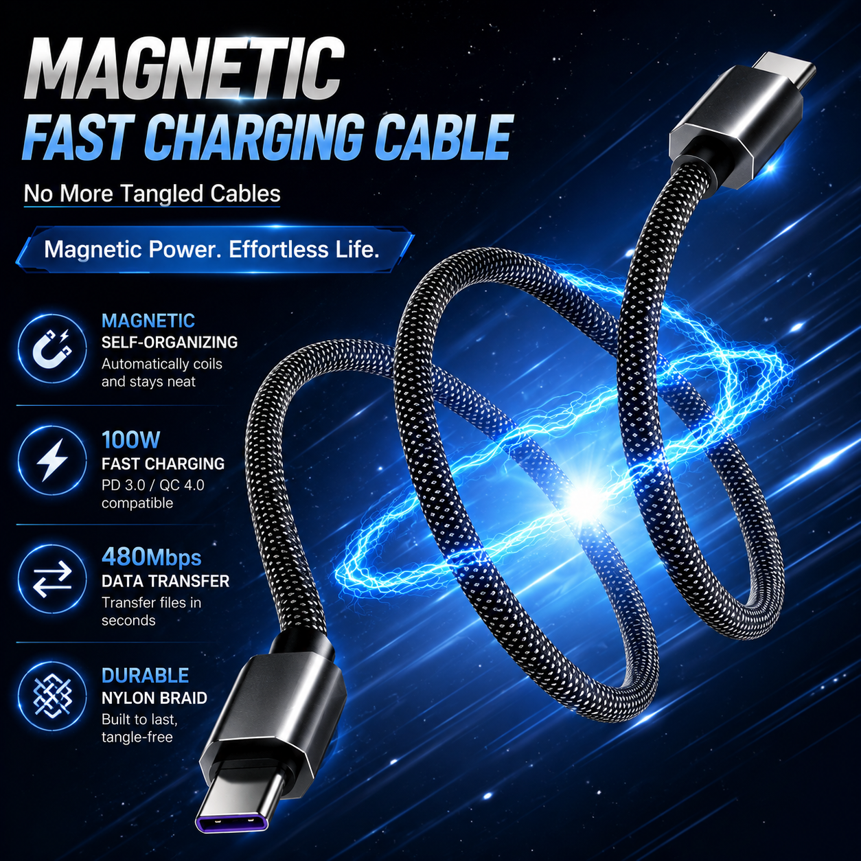 ⚡Magnetic Anti-Tangle Fast Charging Cable