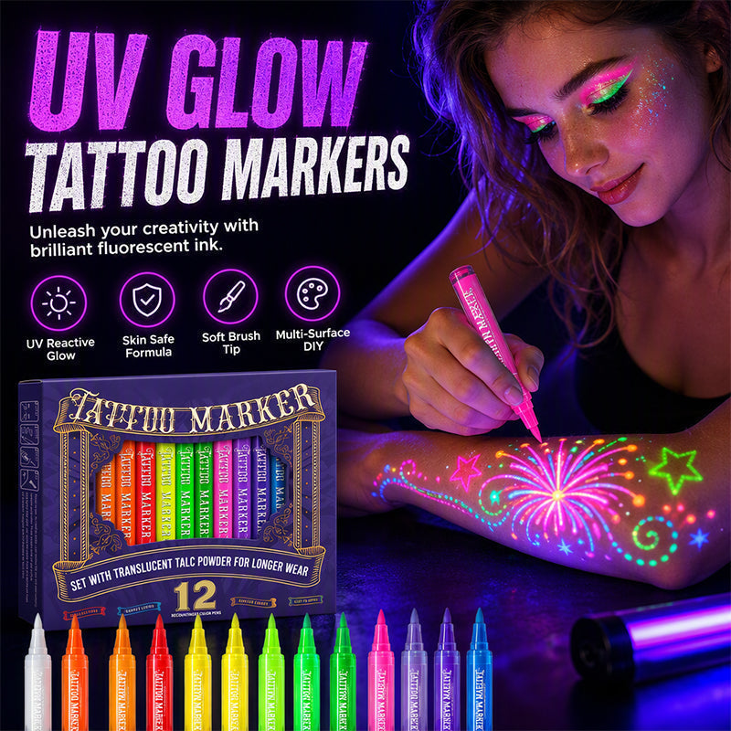 UV Blacklight Tattoo Markers — 12 Vibrant Glow Colors