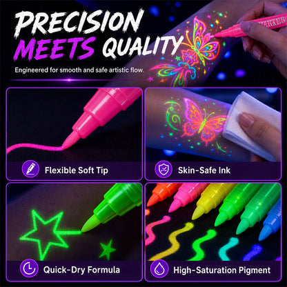 UV Blacklight Tattoo Markers — 12 Vibrant Glow Colors