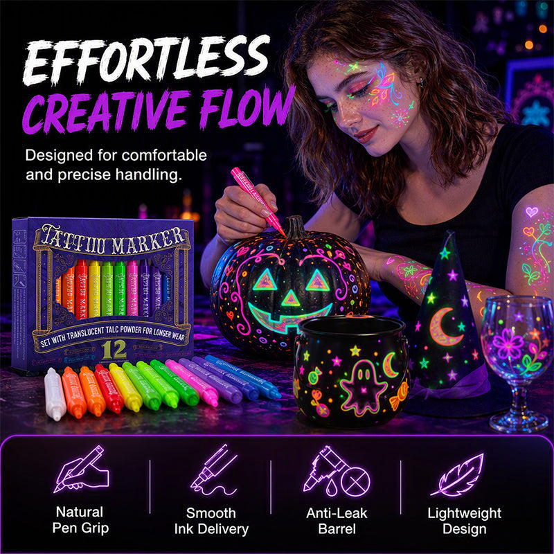 UV Blacklight Tattoo Markers — 12 Vibrant Glow Colors