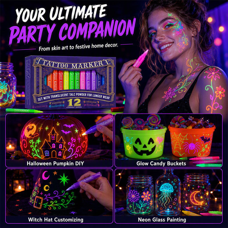 UV Blacklight Tattoo Markers — 12 Vibrant Glow Colors