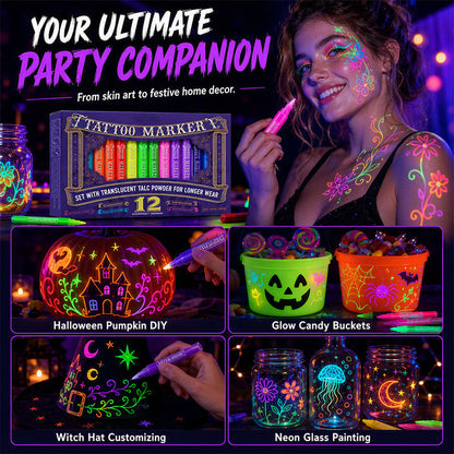 UV Blacklight Tattoo Markers — 12 Vibrant Glow Colors