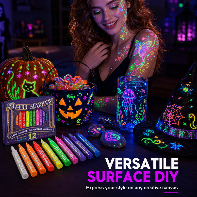 UV Blacklight Tattoo Markers — 12 Vibrant Glow Colors