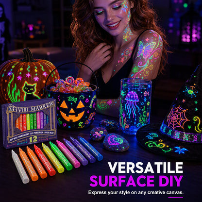UV Blacklight Tattoo Markers — 12 Vibrant Glow Colors