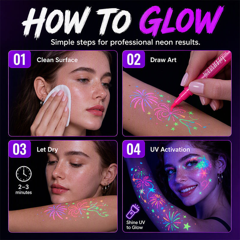 UV Blacklight Tattoo Markers — 12 Vibrant Glow Colors