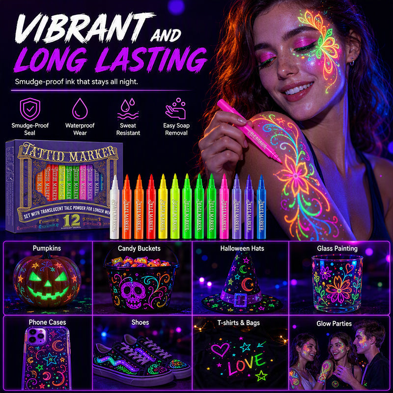 UV Blacklight Tattoo Markers — 12 Vibrant Glow Colors